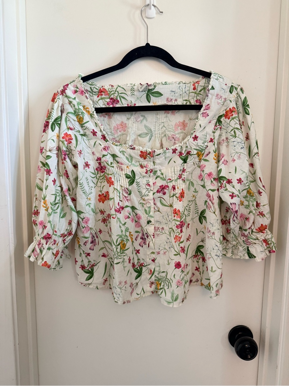 Joie White Floral Square-Neck Blouse with Pink & Green Blooms